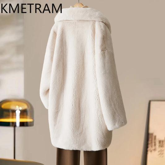 KMETRAM 100% Natural Mink Fur Women's Winter Jacket Beige Real Fur Coat Mid Length Warmth New Outerwears 2025 fourrures femmes
