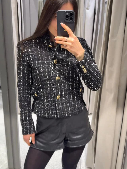 Tweed Women Stand Collar Jacket Fashion Full Sleeve Single Breasted Short Elegant Jackets 2026 Spring Lady Daily Commute Coat