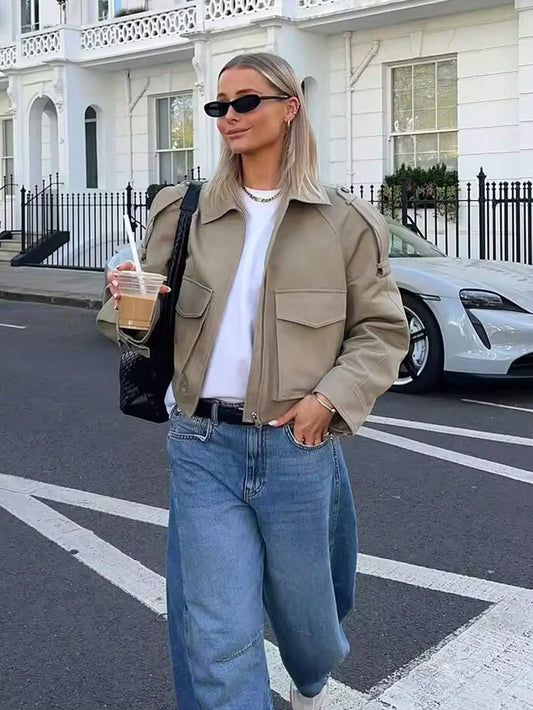 SLTNX Women's Solid Color Long Sleeve Jacket with Front Zip Pockets, Casual Streetwear Outerwear