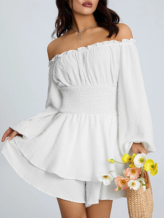 Loose Ruched Playsuit For Women Lace Boat Neck Long Sleeve Elastic Waist Flouncing Siamese Rompers