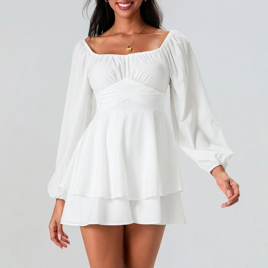 Women Puff Sleeve Rompers Elegant Off Shoulder Ruffle Playsuits Spring Summer Long Sleeve Flowy Layered Pirate Jumpsuits